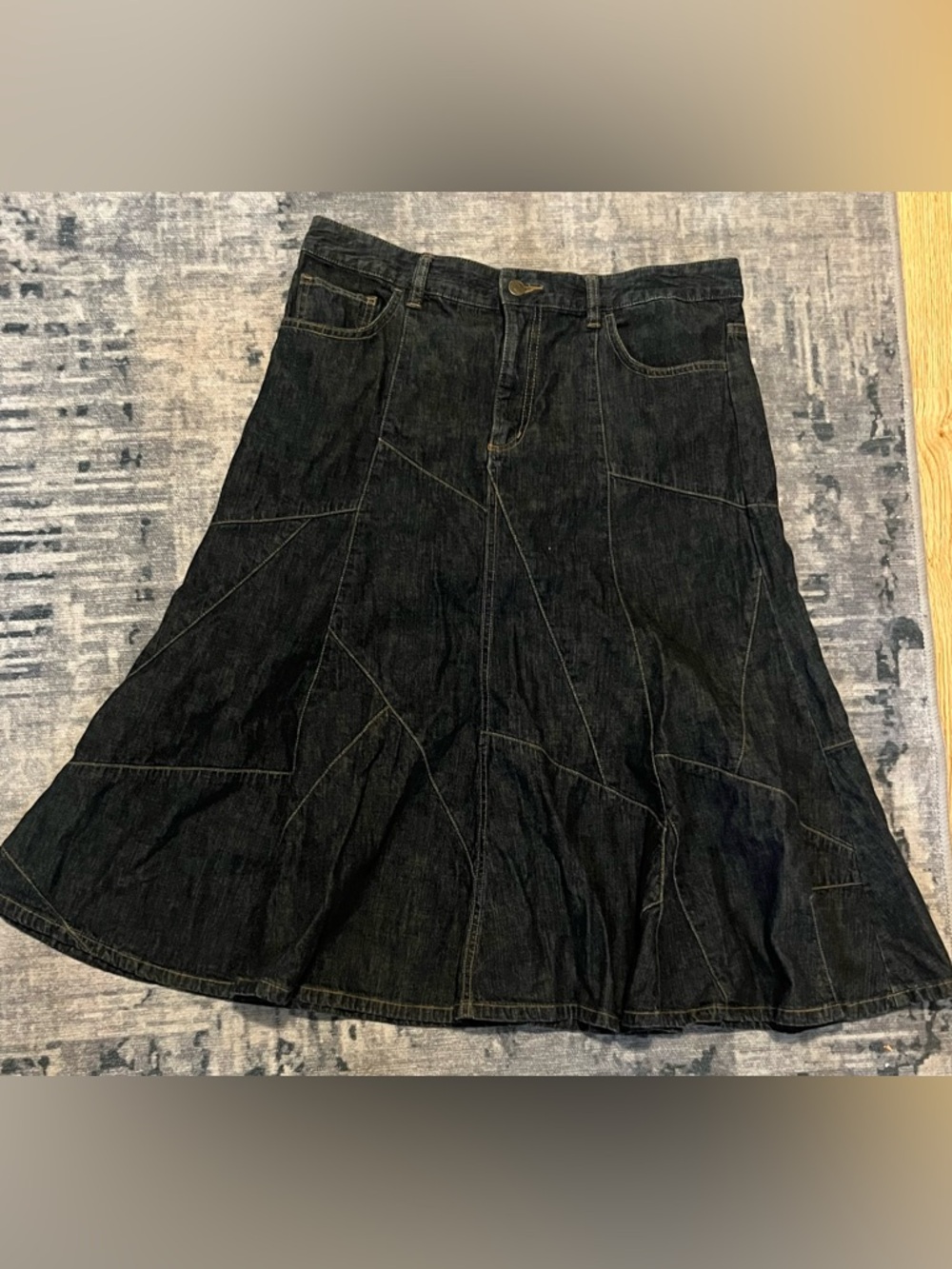 Boho Patchwork Denim Midi Skirt A Line Dark Wash Vintage Ralph Lauren